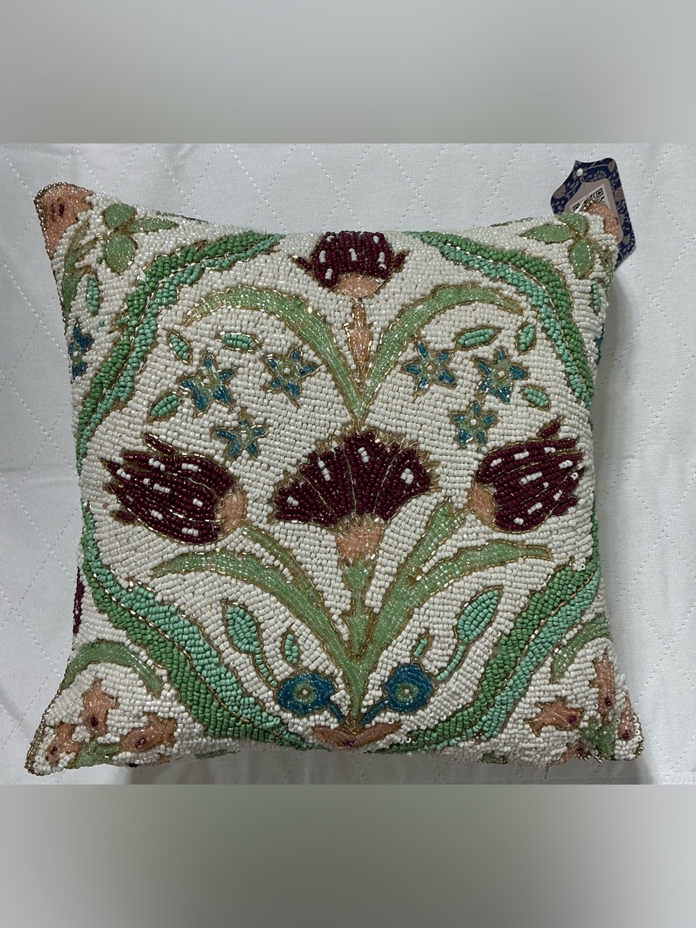 NWT World Traveler Collection India Beaded Floral Accent Pillow 14x14